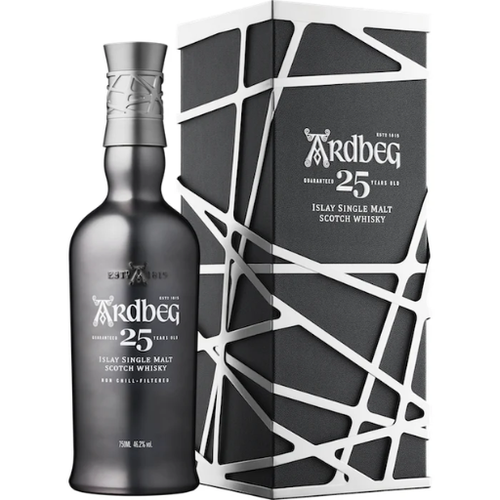 Ardbeg 25 Years Old Islay Single Malt Scotch Whisky bottle with metal presentation case - Sports Arena Liquor