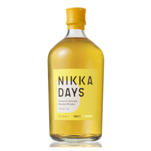 A clear glass bottle of Nikka Days Blended Whisky on a white background. The bottle is short and wide with a white label featuring the name "Nikka Days" in blue and black font. The whisky inside is a golden straw color.