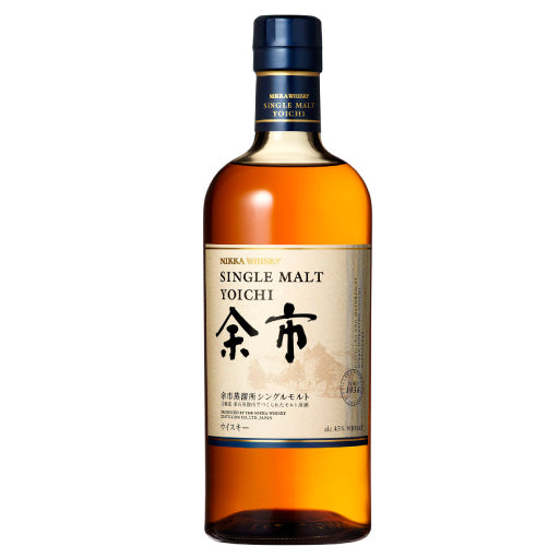 A bottle of Nikka Yoichi Single Malt Japanese Whisky. The bottle is a standard clear glass whisky bottle with an elegant, traditional label that reads "Nikka Whisky" and "Yoichi Single Malt." The whisky inside is a deep amber color.
