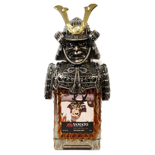 Bottle of Yamato takeda whiskey with a samurai helmet design on a white background