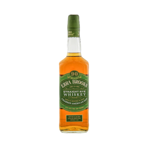 Bottle of Ezra Brooks Straight Rye Whiskey on a white background